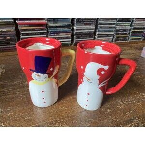 Casa Vero Set Of Two 16 oz Ceramic Snowman Travel Coffee Mug Tea Cup NO LIDS